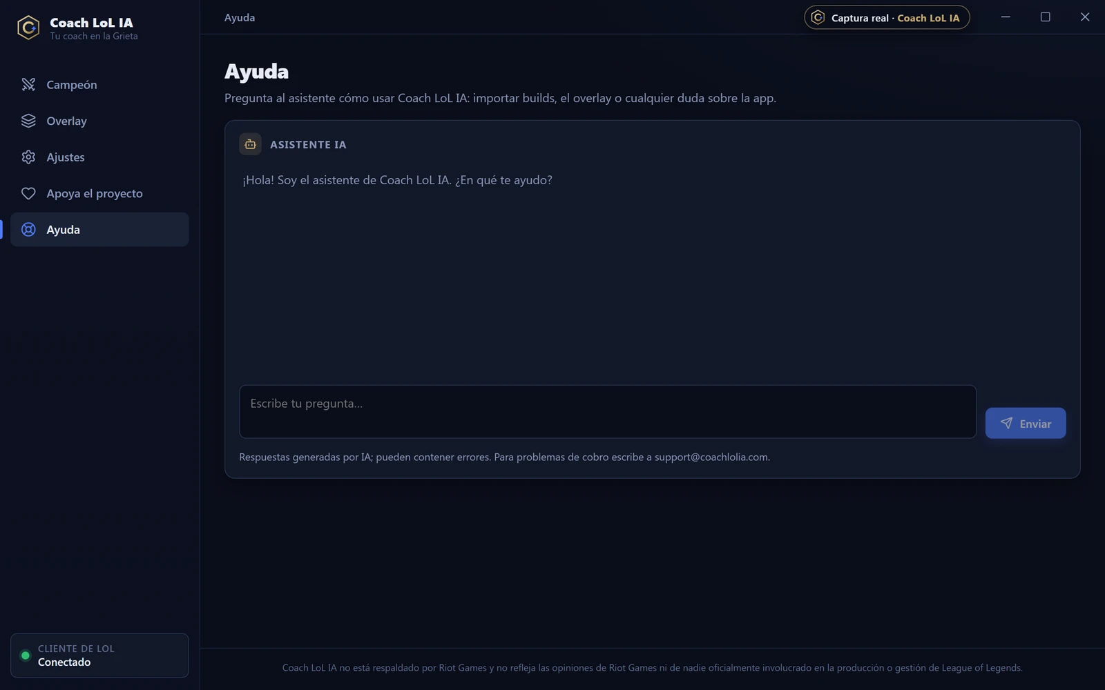 Captura de la vista Ayuda de Coach LoL IA: el chat del asistente IA con su saludo, el campo «Escribe tu pregunta…», el botón Enviar y la nota de que las respuestas son generadas por IA.